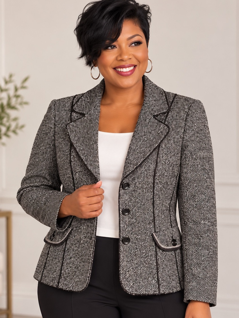 Un Jour Ailleurs Blazer Size FR 38 (US 6/S) Black Ivory Wool Blend Tweed